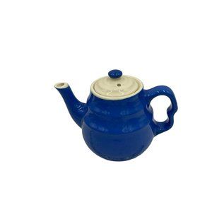 Vtg Blue White Stoneware Tea Pot Made in USA Farmhouse Home Decor Tea for Two